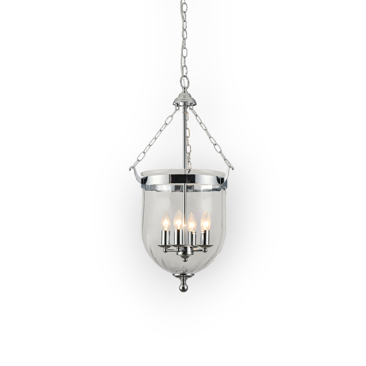 The image shows the Cape 4L Pendant, featuring a traditional bell-shaped glass enclosure suspended by a chain, with polished nickel accents and four candelabra-style lights within. This classic design merges old-world charm with contemporary craftsmanship.