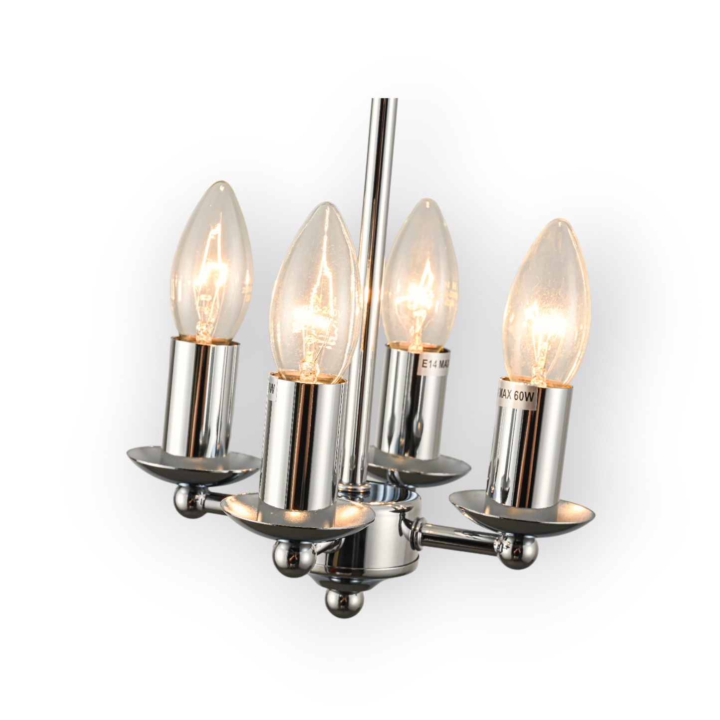 The image shows the Cape 4L Pendant, featuring a traditional bell-shaped glass enclosure suspended by a chain, with polished nickel accents and four candelabra-style lights within. This classic design merges old-world charm with contemporary craftsmanship.