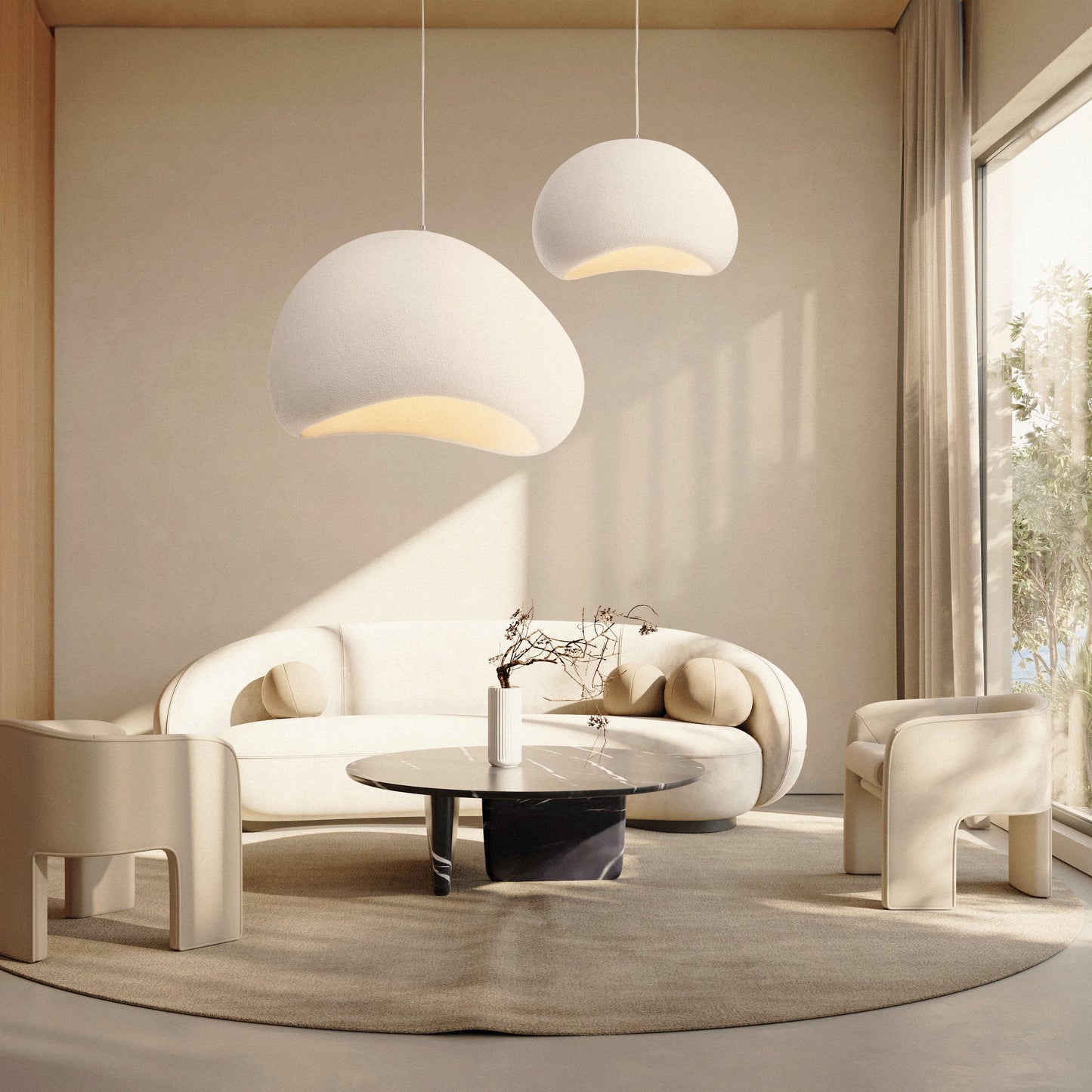 The image features the Cove Pendant, displaying a unique semi-circular design with a textured matte finish and a warm, golden interior glow. This modern pendant light is suspended from a slim cable, offering a blend of contemporary style and cozy illumination.