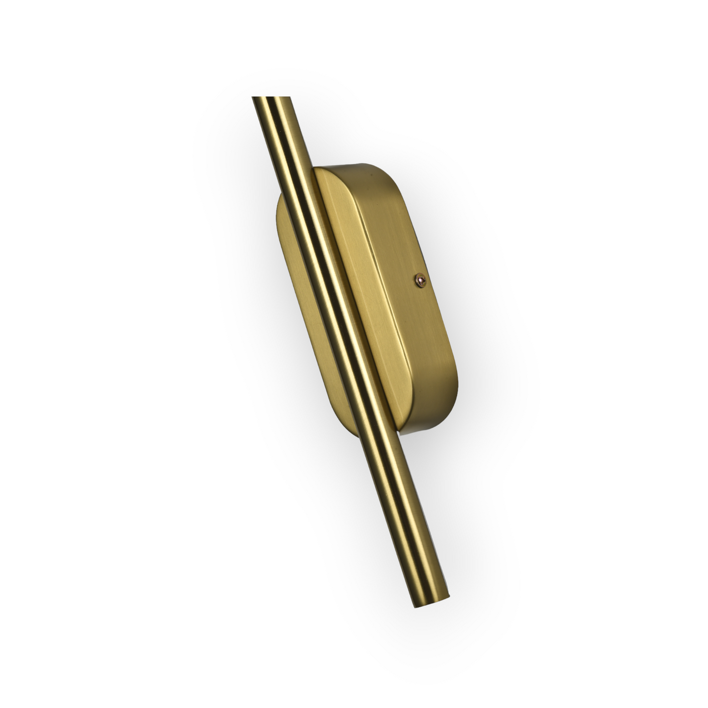 The image displays the Eden Wall Light, a vertical, slender brass fixture that balances a single, horizontally-set opal diffuser, offering a sophisticated and contemporary lighting solution with a warm, diffused glow.