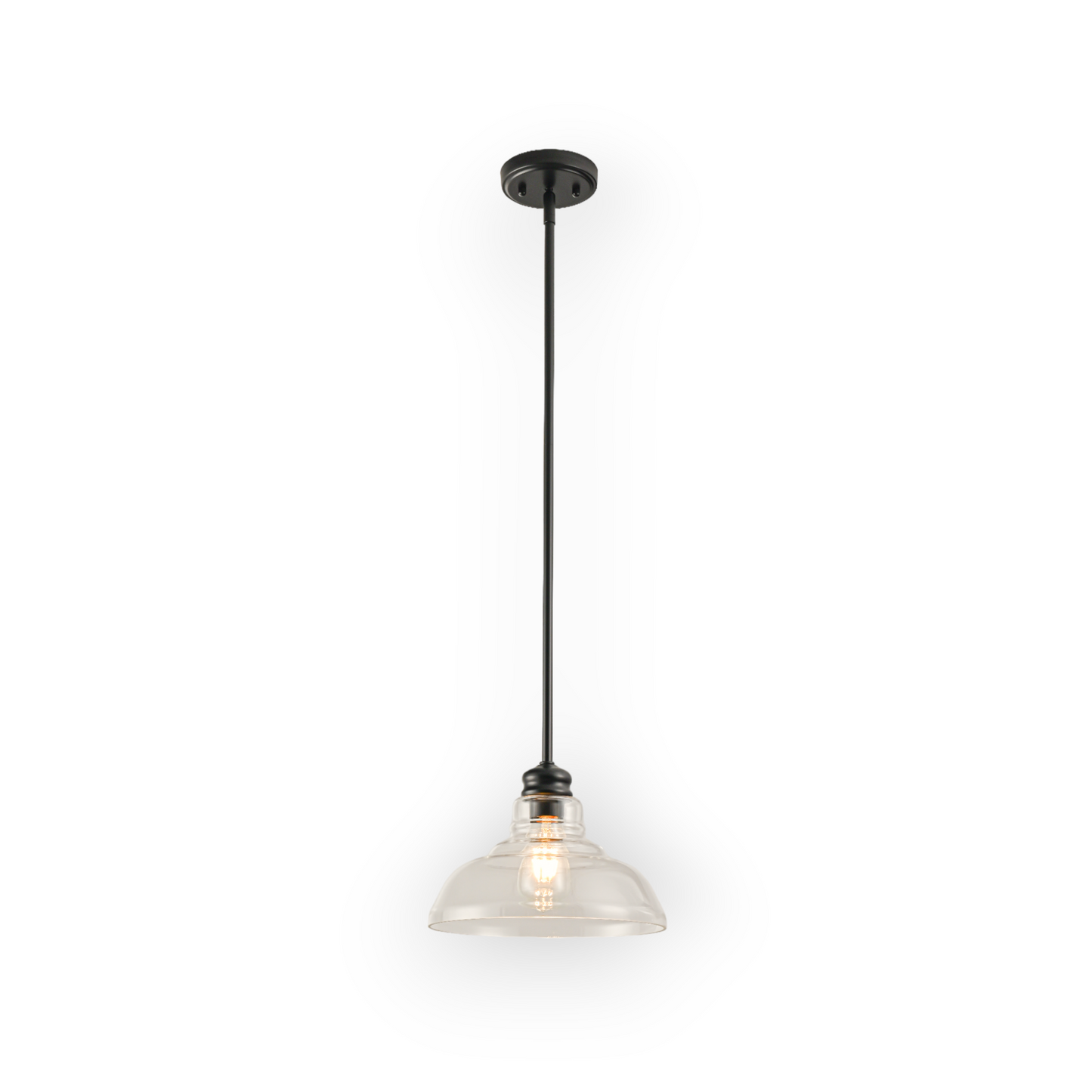 This image features the Espen 1L Pendant, with a classic clear glass dome shade suspended from a sleek black rod, offering a clean and timeless design that beautifully complements both modern and traditional interiors.