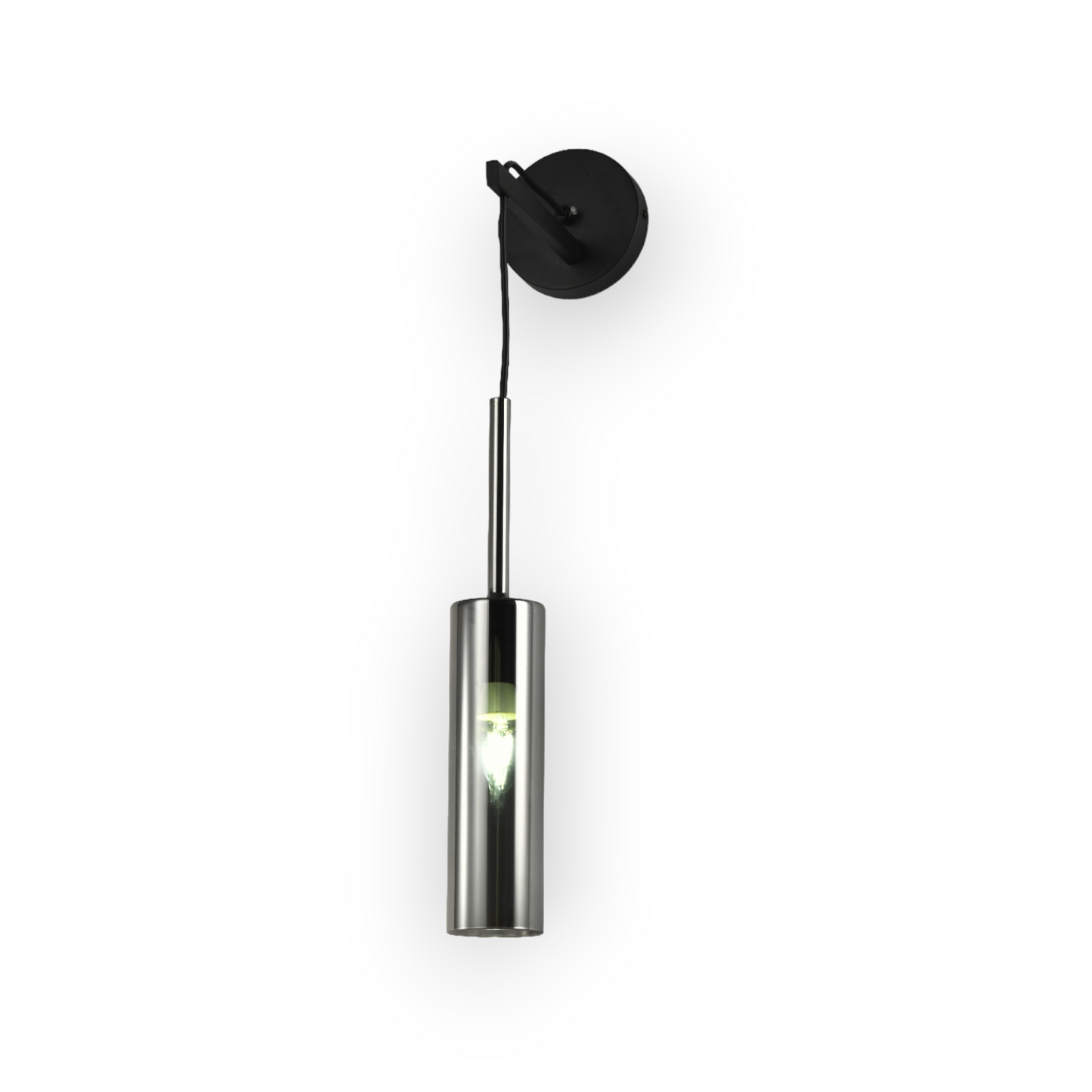 The image presents a sleek and modern wall-mounted light fixture featuring a minimalist design. The light has a cylindrical body with a dark finish, attached to a matching rounded wall mount via a slim, angular arm. A single bulb is visible at the lower end of the cylinder, illuminating downwards to create a focused beam of light. This fixture combines functionality with a contemporary aesthetic, making it ideal for modern interior spaces that emphasize clean lines and simple forms.