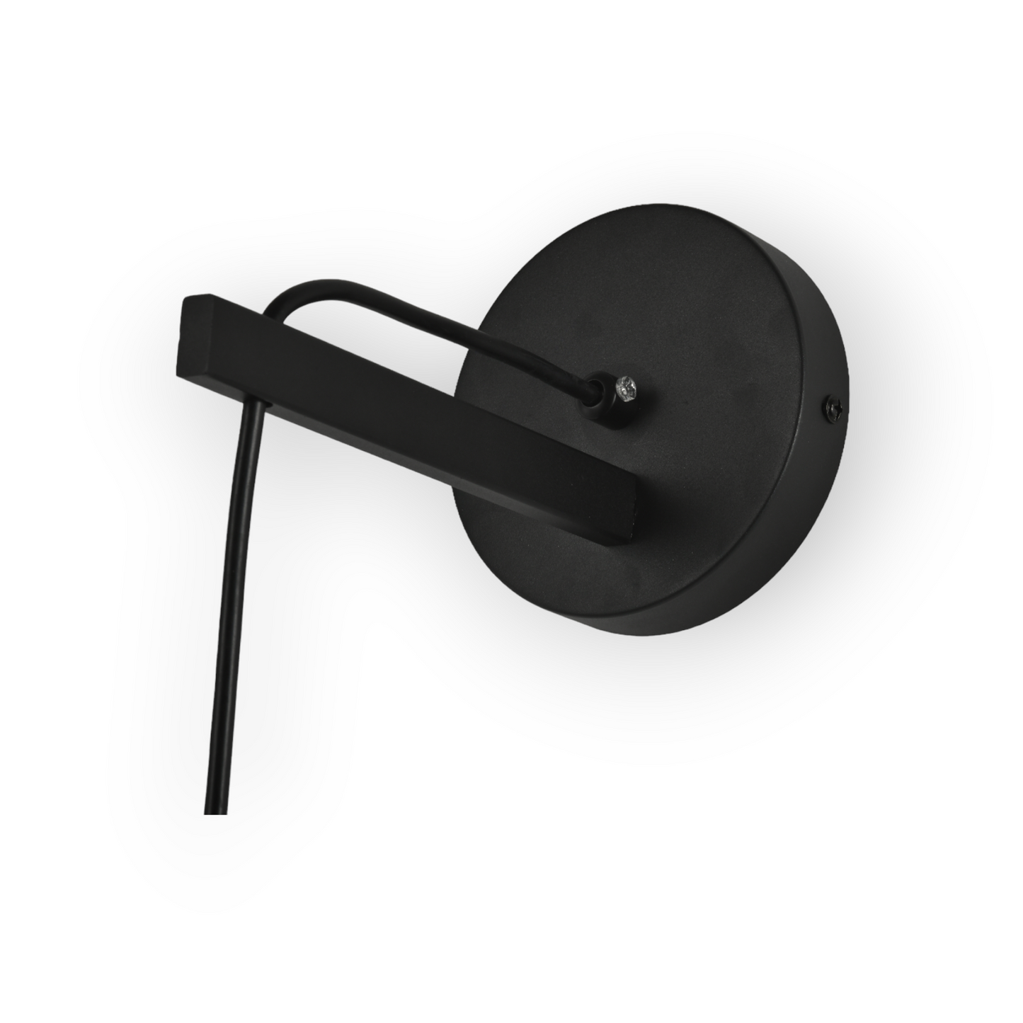 The image presents a sleek and modern wall-mounted light fixture featuring a minimalist design. The light has a cylindrical body with a dark finish, attached to a matching rounded wall mount via a slim, angular arm. A single bulb is visible at the lower end of the cylinder, illuminating downwards to create a focused beam of light. This fixture combines functionality with a contemporary aesthetic, making it ideal for modern interior spaces that emphasize clean lines and simple forms.