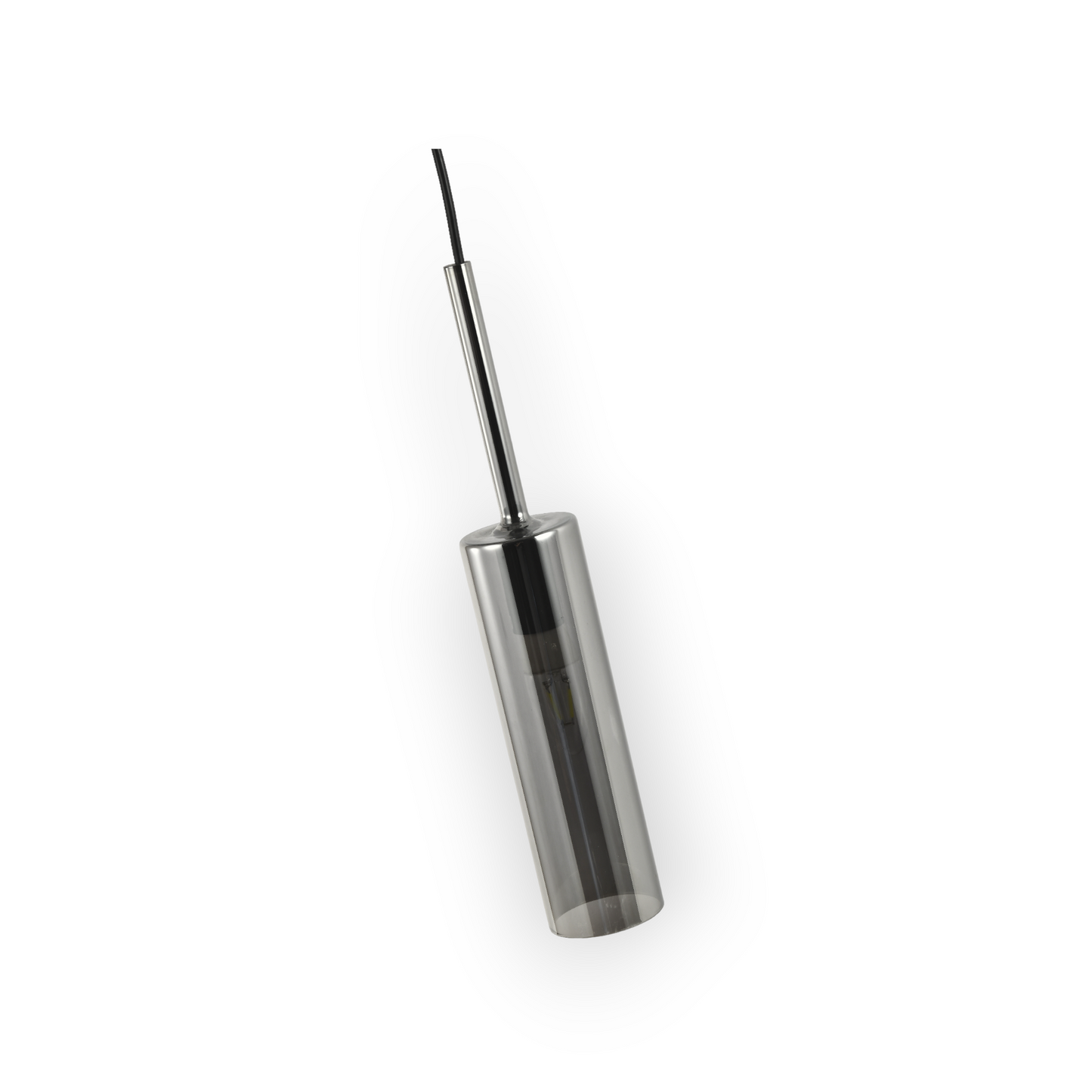 The image presents a sleek and modern wall-mounted light fixture featuring a minimalist design. The light has a cylindrical body with a dark finish, attached to a matching rounded wall mount via a slim, angular arm. A single bulb is visible at the lower end of the cylinder, illuminating downwards to create a focused beam of light. This fixture combines functionality with a contemporary aesthetic, making it ideal for modern interior spaces that emphasize clean lines and simple forms.