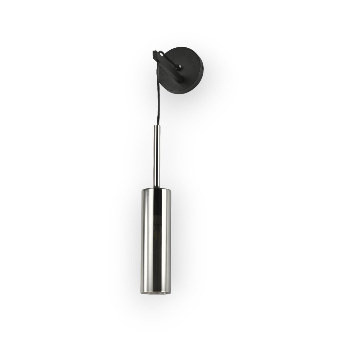 The image presents a sleek and modern wall-mounted light fixture featuring a minimalist design. The light has a cylindrical body with a dark finish, attached to a matching rounded wall mount via a slim, angular arm. A single bulb is visible at the lower end of the cylinder, illuminating downwards to create a focused beam of light. This fixture combines functionality with a contemporary aesthetic, making it ideal for modern interior spaces that emphasize clean lines and simple forms.