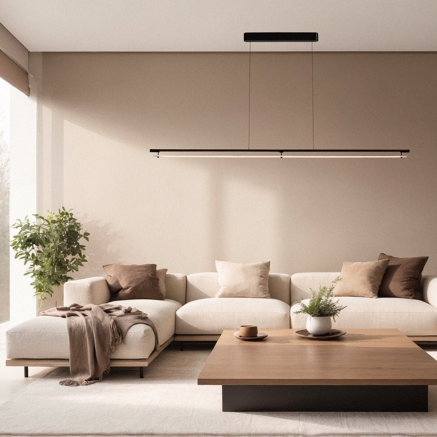The image displays the Kai Linear Pendant, embodying minimalist elegance with its slender, horizontal line design finished in matte black and suspended by two sleek cables, offering a refined and contemporary lighting solution.