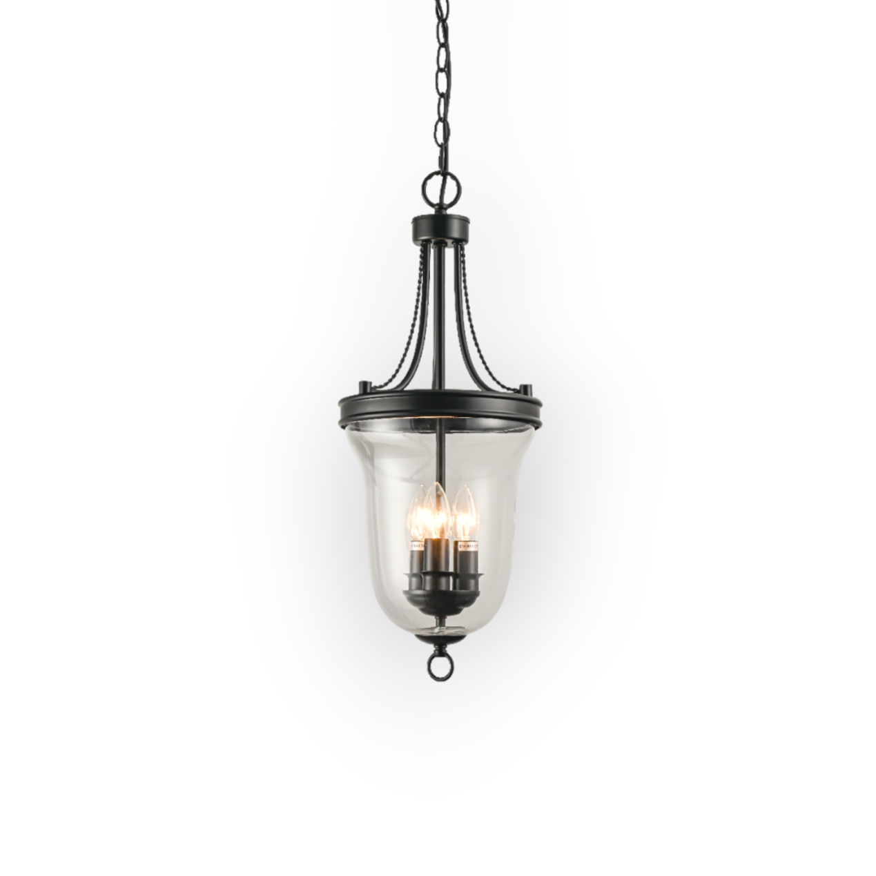 This image shows the Keaton 3L Pendant, a classic lantern-style light fixture with a curved metal frame in a dark finish, enclosing a seeded glass shade that houses three candelabra lights, creating an elegant and traditional look.