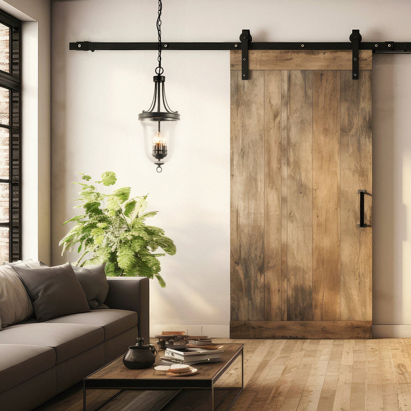 This image shows the Keaton 3L Pendant, a classic lantern-style light fixture with a curved metal frame in a dark finish, enclosing a seeded glass shade that houses three candelabra lights, creating an elegant and traditional look.