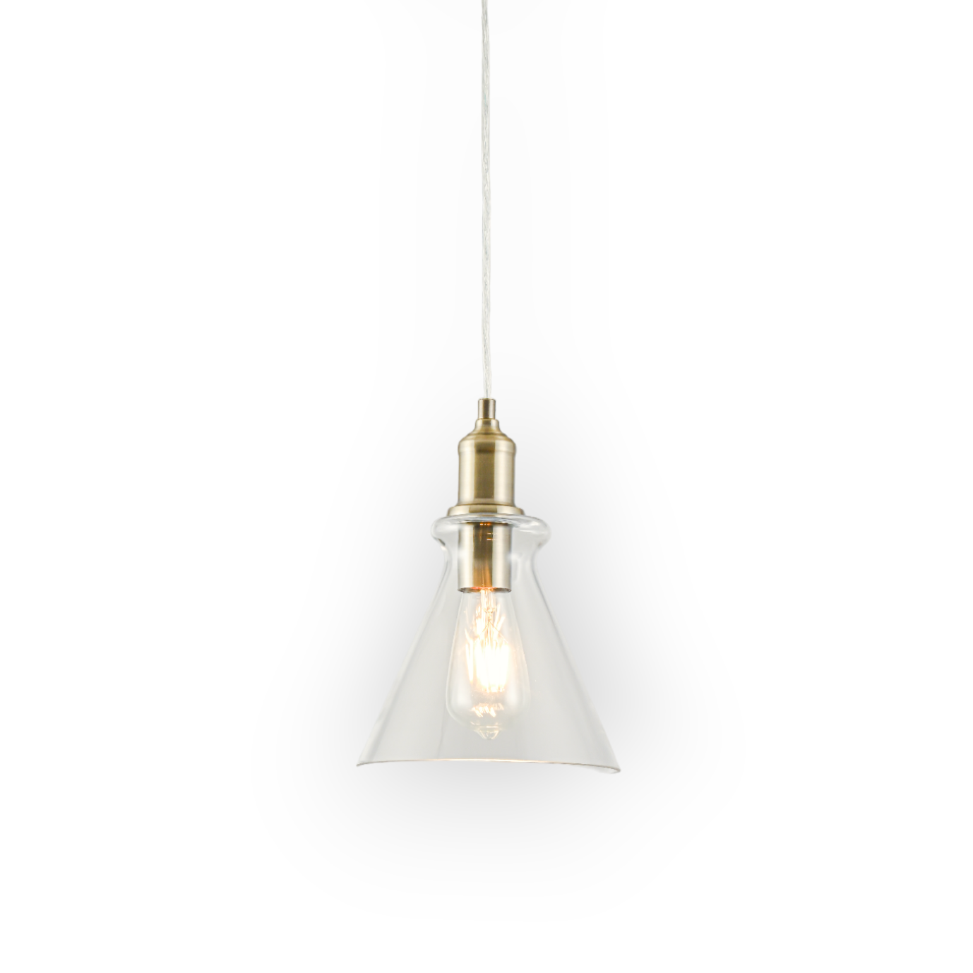 This image showcases the Leo 1L Pendant, featuring a transparent glass cone that elegantly encases a visible filament bulb, paired with brass accents for a vintage charm. Its sleek design combines a timeless aesthetic with modern functionality, ideal for enhancing the ambiance of any room