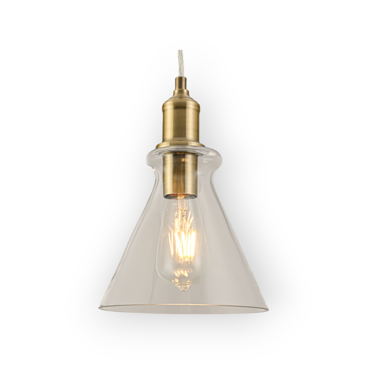 This image showcases the Leo 1L Pendant, featuring a transparent glass cone that elegantly encases a visible filament bulb, paired with brass accents for a vintage charm. Its sleek design combines a timeless aesthetic with modern functionality, ideal for enhancing the ambiance of any room