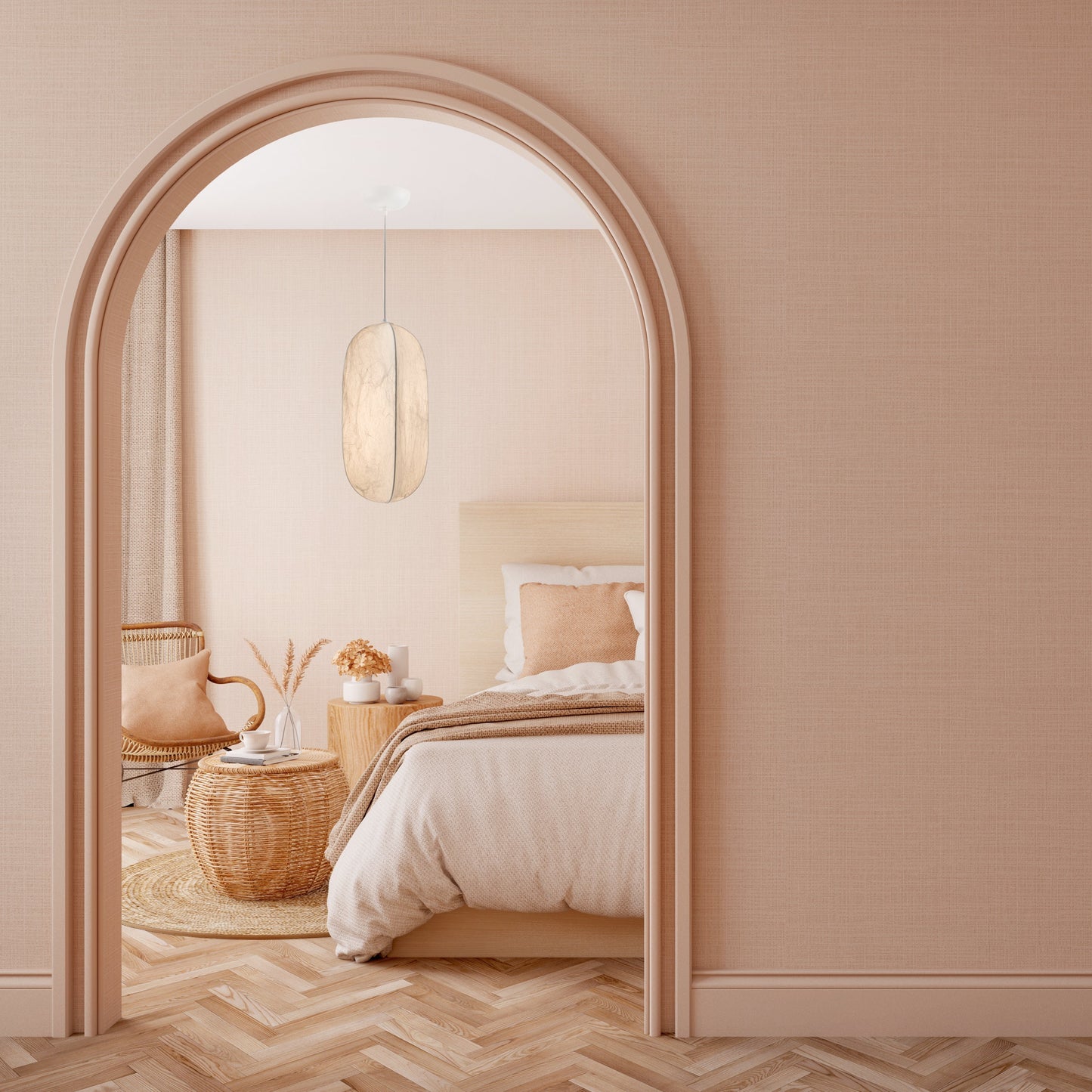 This image showcases the small Lyra 1L Pendant Light, an exquisite piece that melds the delicate texture of Mulberry silk into an intimate, rounded form. The pendant emanates a cozy, ambient light, perfect for adding a touch of sophistication to smaller spaces.