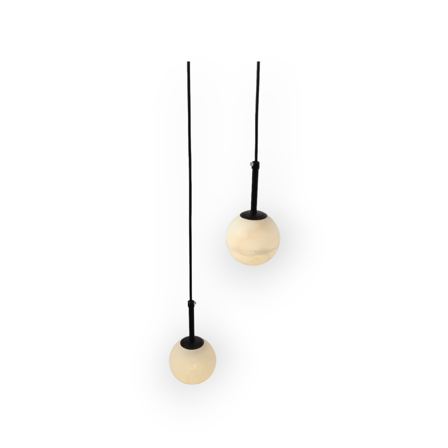 Image showing the Marble Serenade Duo Pendant, featuring lustrous black metal rods and two marble-patterned globes at varying heights, casting an enchanting radiance and creating a dynamic visual symmetry in a luxurious interior setting.