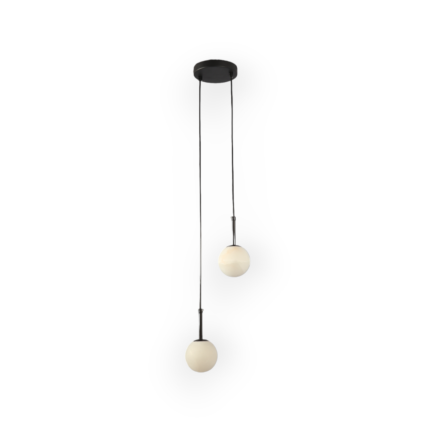 Image showing the Marble Serenade Duo Pendant, featuring lustrous black metal rods and two marble-patterned globes at varying heights, casting an enchanting radiance and creating a dynamic visual symmetry in a luxurious interior setting.