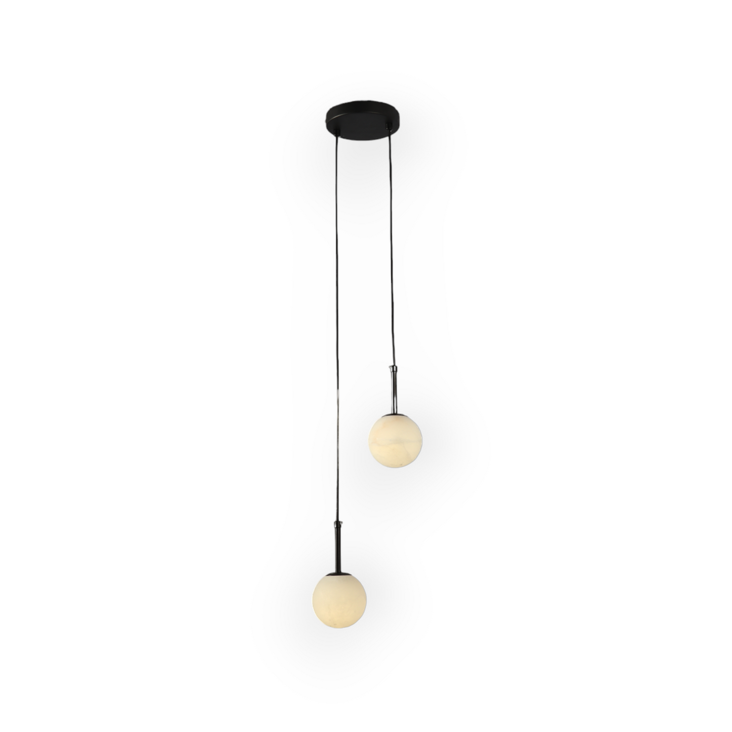 Image showing the Marble Serenade Duo Pendant, featuring lustrous black metal rods and two marble-patterned globes at varying heights, casting an enchanting radiance and creating a dynamic visual symmetry in a luxurious interior setting.