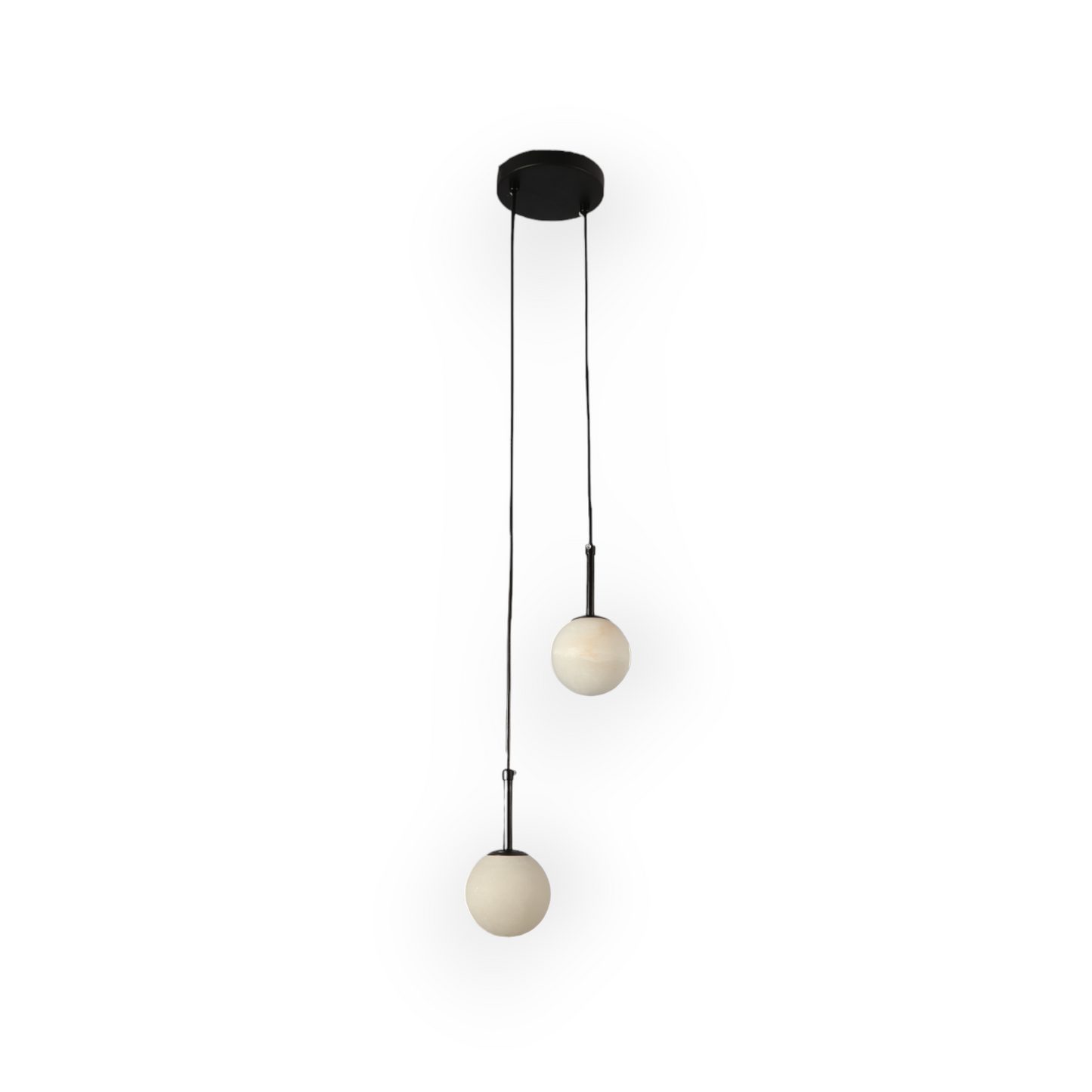 Image showing the Marble Serenade Duo Pendant, featuring lustrous black metal rods and two marble-patterned globes at varying heights, casting an enchanting radiance and creating a dynamic visual symmetry in a luxurious interior setting.