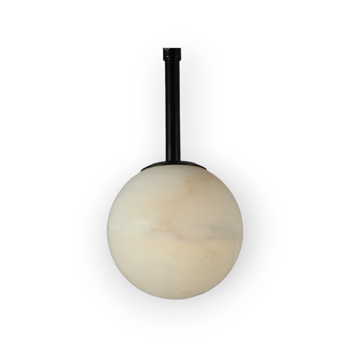 Image showing the Marble Serenade Duo Pendant, featuring lustrous black metal rods and two marble-patterned globes at varying heights, casting an enchanting radiance and creating a dynamic visual symmetry in a luxurious interior setting.