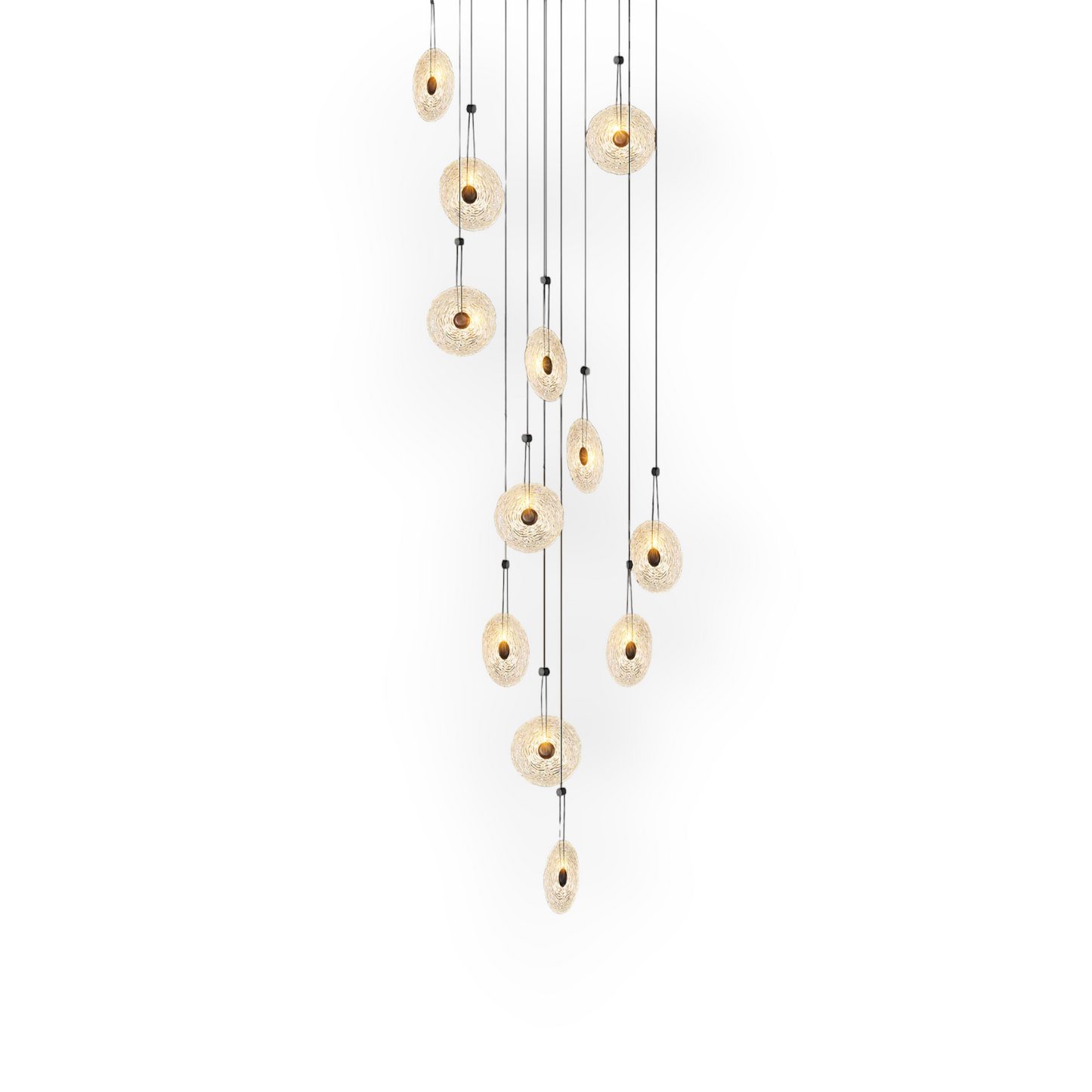 This image features the Maris 12L Chandelier, a dazzling constellation of lights with twelve textured glass discs that are suspended at varying heights. The golden hues and the gentle diffusion of light through each disc create an ethereal ambiance.