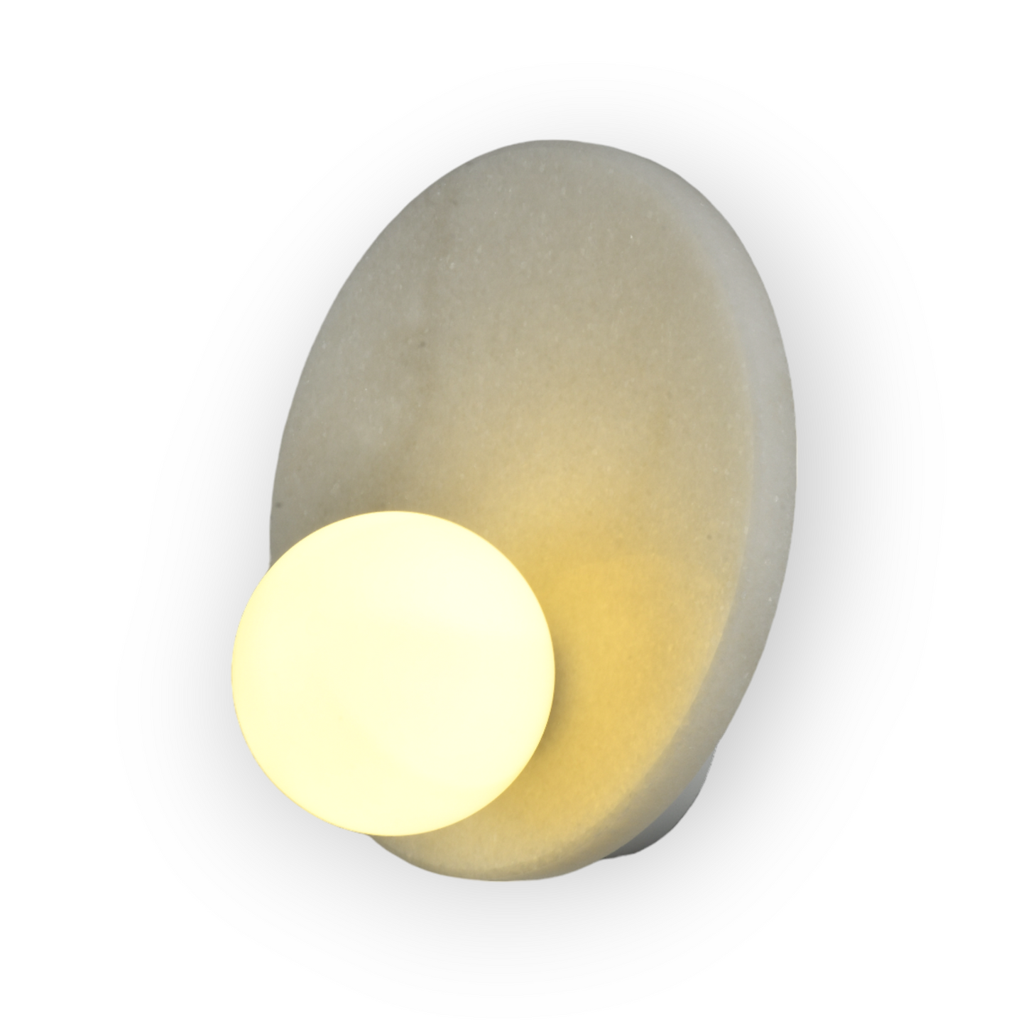 This image features the Mira Wall Light, a stunning piece with a white marble-patterned plate encircling a frosted glass sphere. The design marries natural stone textures with contemporary lighting for an elegant and striking visual effect.