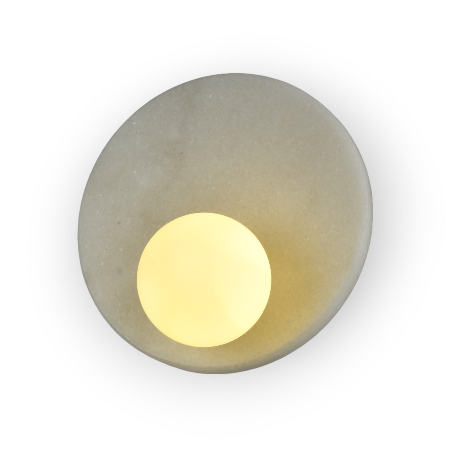 This image features the Mira Wall Light, a stunning piece with a white marble-patterned plate encircling a frosted glass sphere. The design marries natural stone textures with contemporary lighting for an elegant and striking visual effect.
