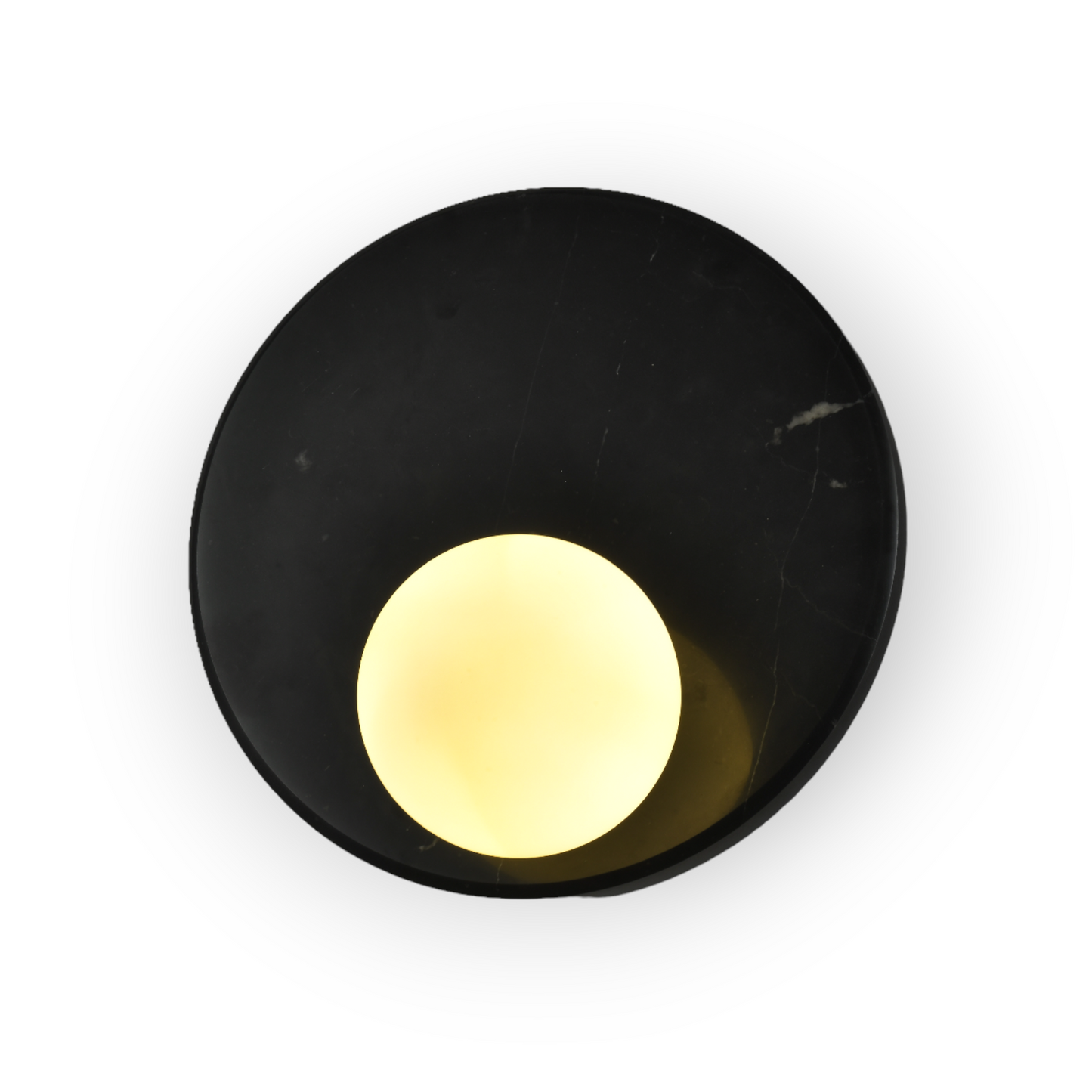 This image features the Mira Wall Light, a stunning piece with a black marble-patterned plate encircling a frosted glass sphere. The design marries natural stone textures with contemporary lighting for an elegant and striking visual effect.