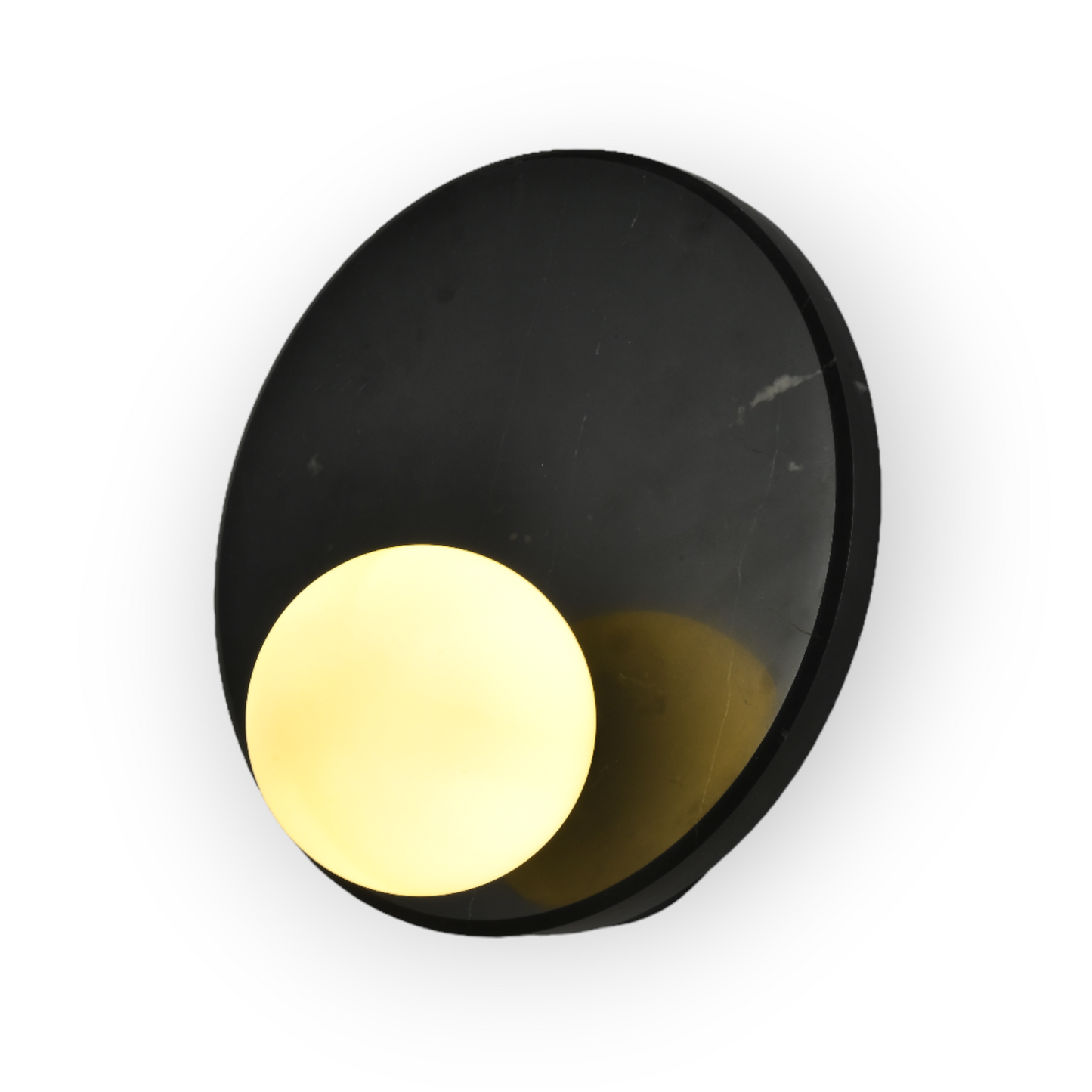 This image features the Mira Wall Light, a stunning piece with a black marble-patterned plate encircling a frosted glass sphere. The design marries natural stone textures with contemporary lighting for an elegant and striking visual effect.