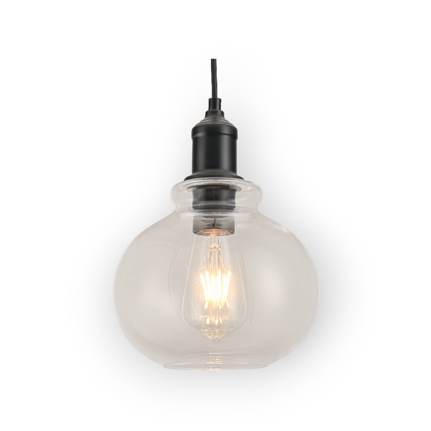 The image features the Olson 1L Pendant Light, showcasing a classic clear glass globe that houses a visible filament bulb. The simplicity of the design is complemented by the modern black accents, creating a versatile piece suitable for a variety of decors.