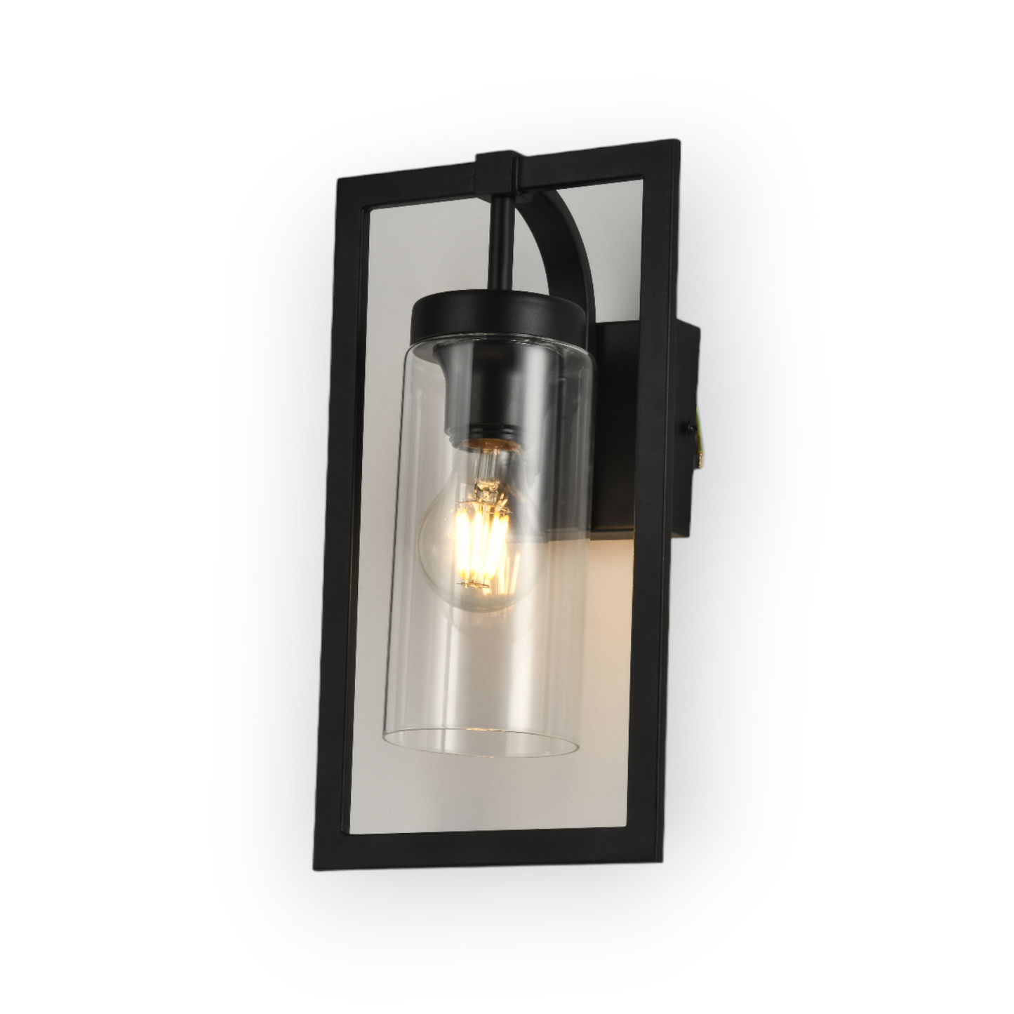 The image shows the Porter Wall Light, featuring a matte black frame that elegantly outlines a clear glass shade, revealing a vintage-style filament bulb. This design merges industrial elements with a modern aesthetic.