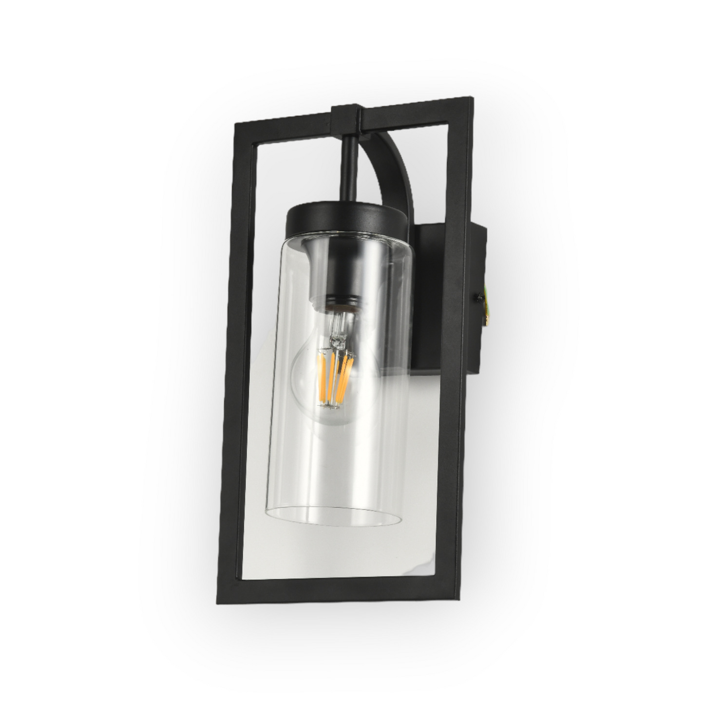 The image shows the Porter Wall Light, featuring a matte black frame that elegantly outlines a clear glass shade, revealing a vintage-style filament bulb. This design merges industrial elements with a modern aesthetic.