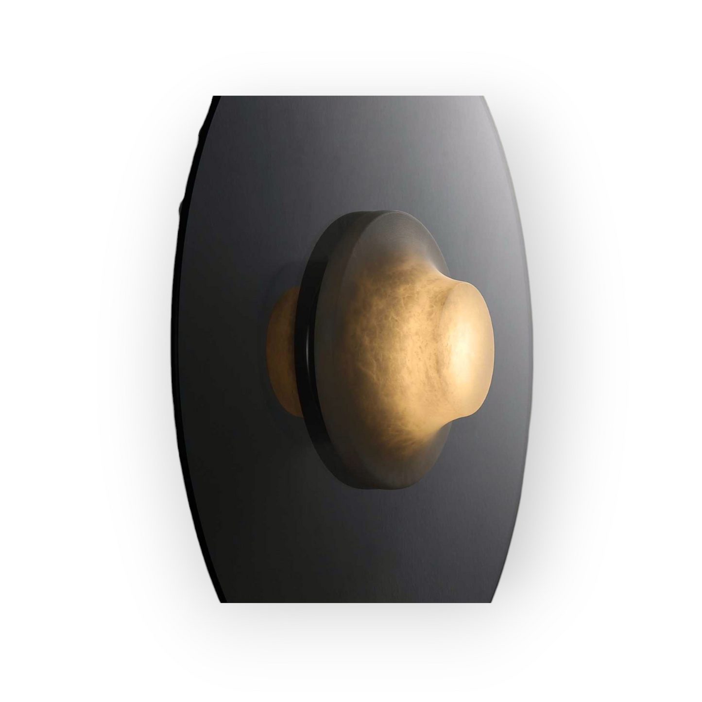 This image presents the Rhea Wall Light, with a central orb of luminous alabaster set against a backdrop of smoked glass, offering a soft and ambient glow. The interplay of materials creates a serene and luxurious lighting effect.