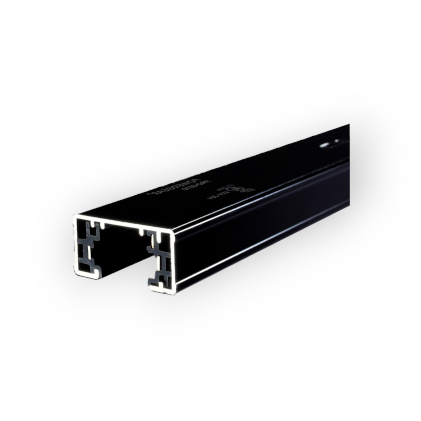 The image presents a black three-wire track rail for lighting systems, showcasing a detailed and close-up view. It features a robust and sleek design with visible specifications and codes on its surface, highlighting its industrial utility. This track is designed to offer flexible installation options for various lighting setups, ensuring secure and precise positioning of track lights.