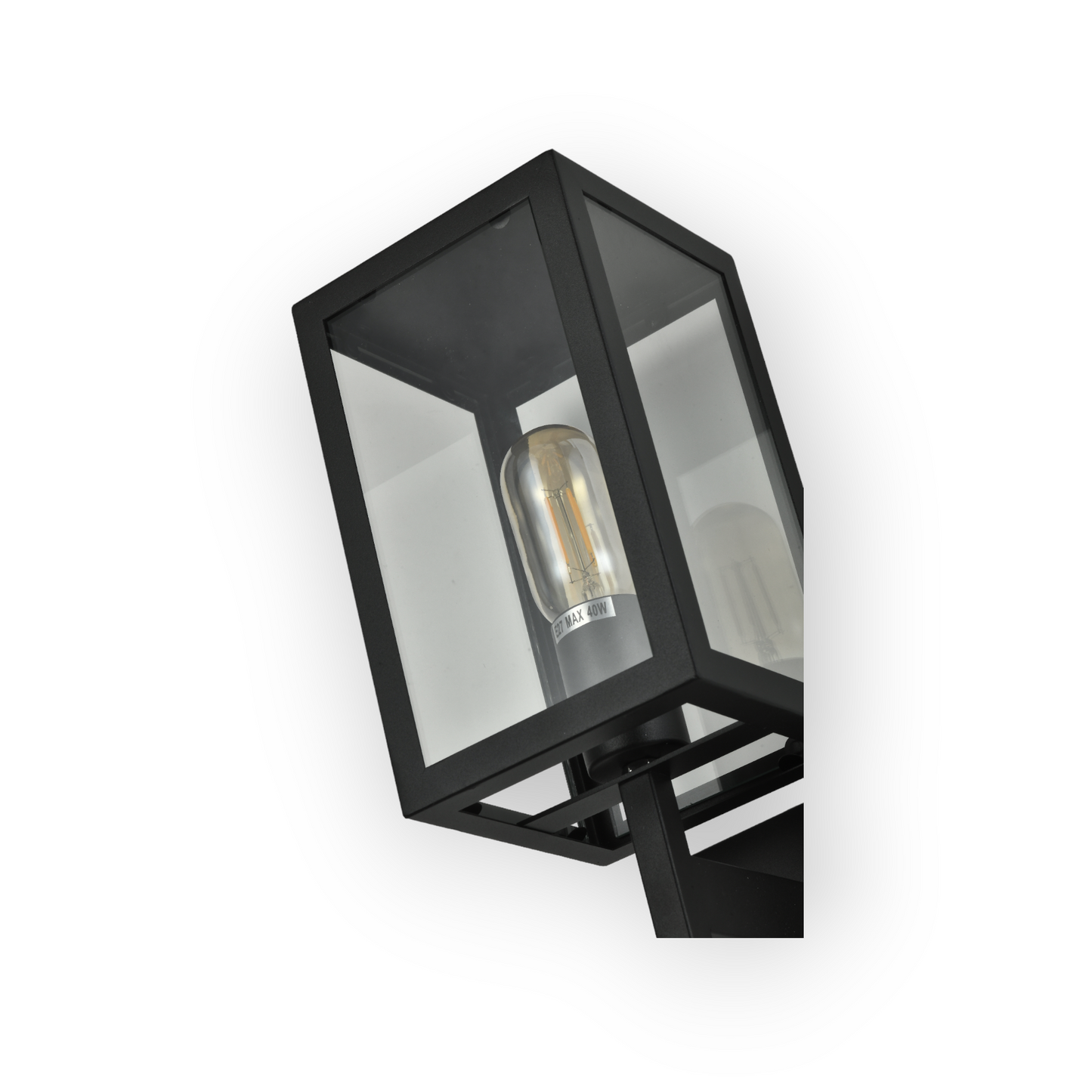A contemporary Weston wall light featuring a matte black finish and clear glass enclosure that allows the Edison-style bulb within to become a focal point of the design. The wall light's clean lines and industrial influence are well-suited to modern decor themes.