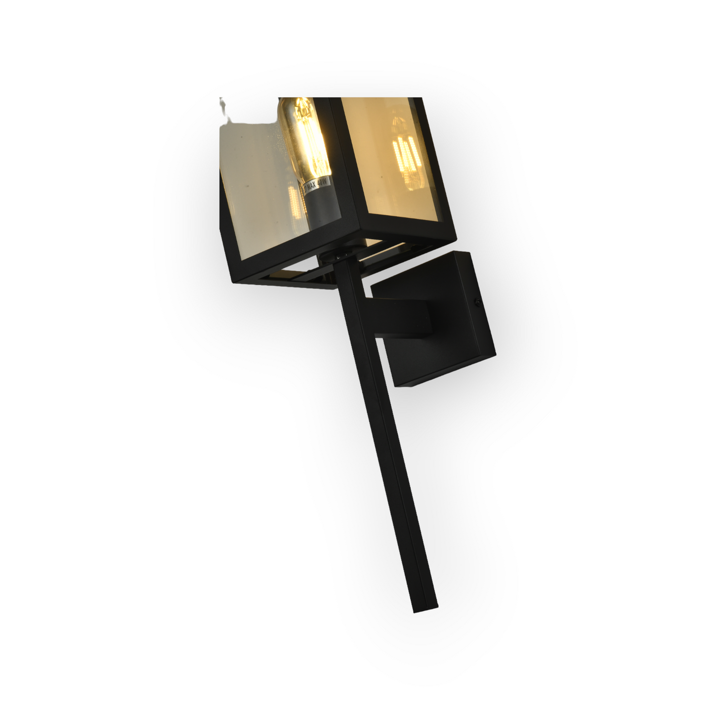 A contemporary Weston wall light featuring a matte black finish and clear glass enclosure that allows the Edison-style bulb within to become a focal point of the design. The wall light's clean lines and industrial influence are well-suited to modern decor themes.