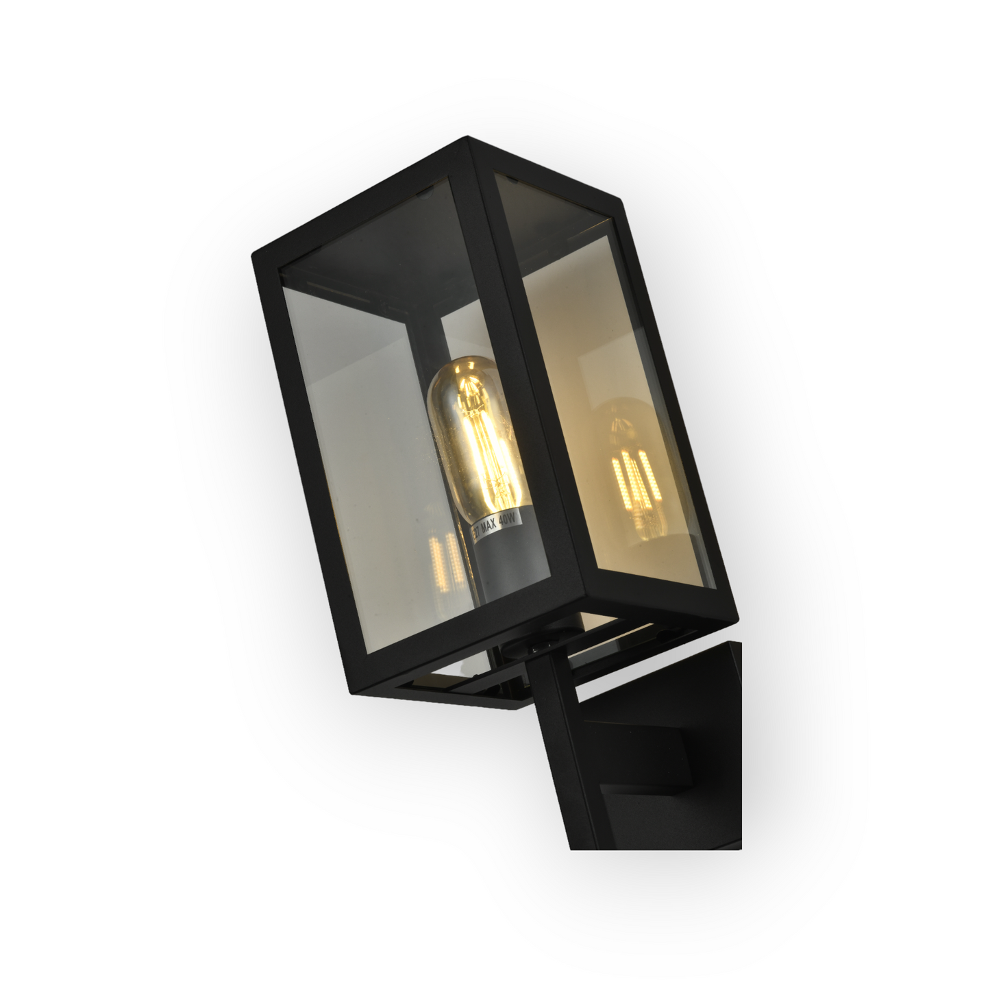 A contemporary Weston wall light featuring a matte black finish and clear glass enclosure that allows the Edison-style bulb within to become a focal point of the design. The wall light's clean lines and industrial influence are well-suited to modern decor themes.