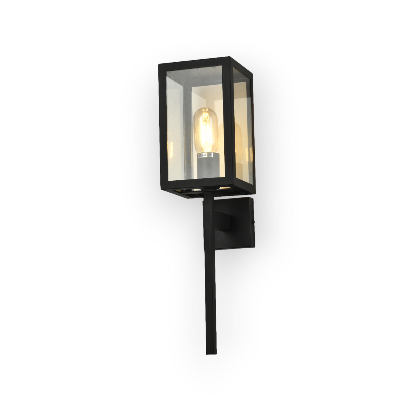 A contemporary Weston wall light featuring a matte black finish and clear glass enclosure that allows the Edison-style bulb within to become a focal point of the design. The wall light's clean lines and industrial influence are well-suited to modern decor themes.