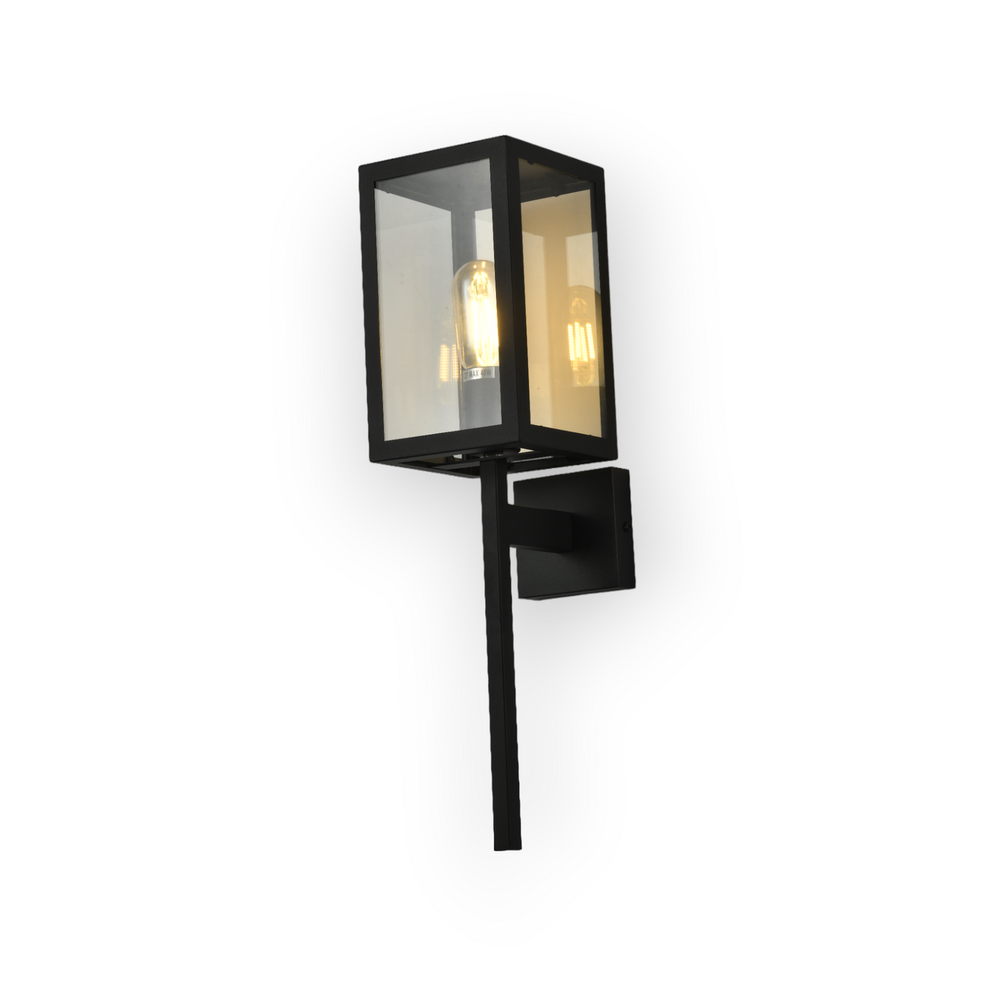 A contemporary Weston wall light featuring a matte black finish and clear glass enclosure that allows the Edison-style bulb within to become a focal point of the design. The wall light's clean lines and industrial influence are well-suited to modern decor themes.