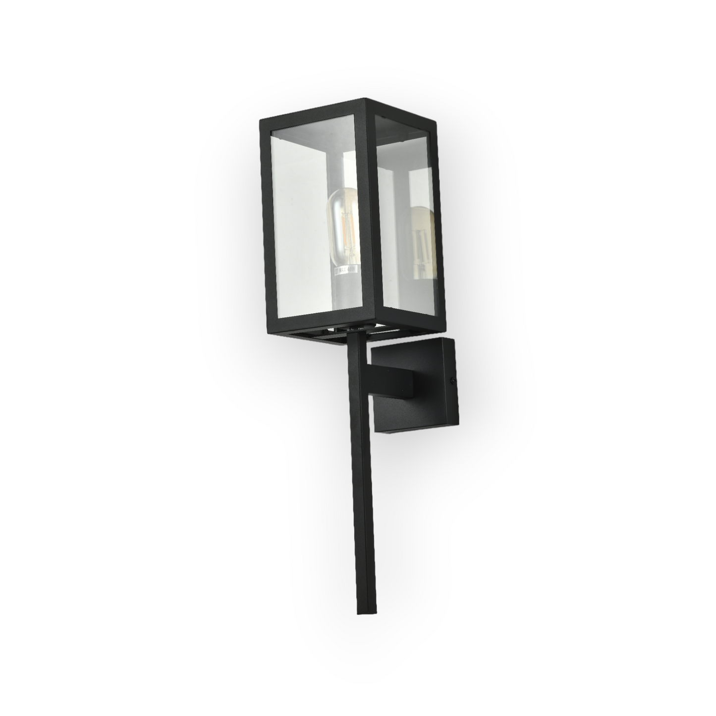 A contemporary Weston wall light featuring a matte black finish and clear glass enclosure that allows the Edison-style bulb within to become a focal point of the design. The wall light's clean lines and industrial influence are well-suited to modern decor themes.