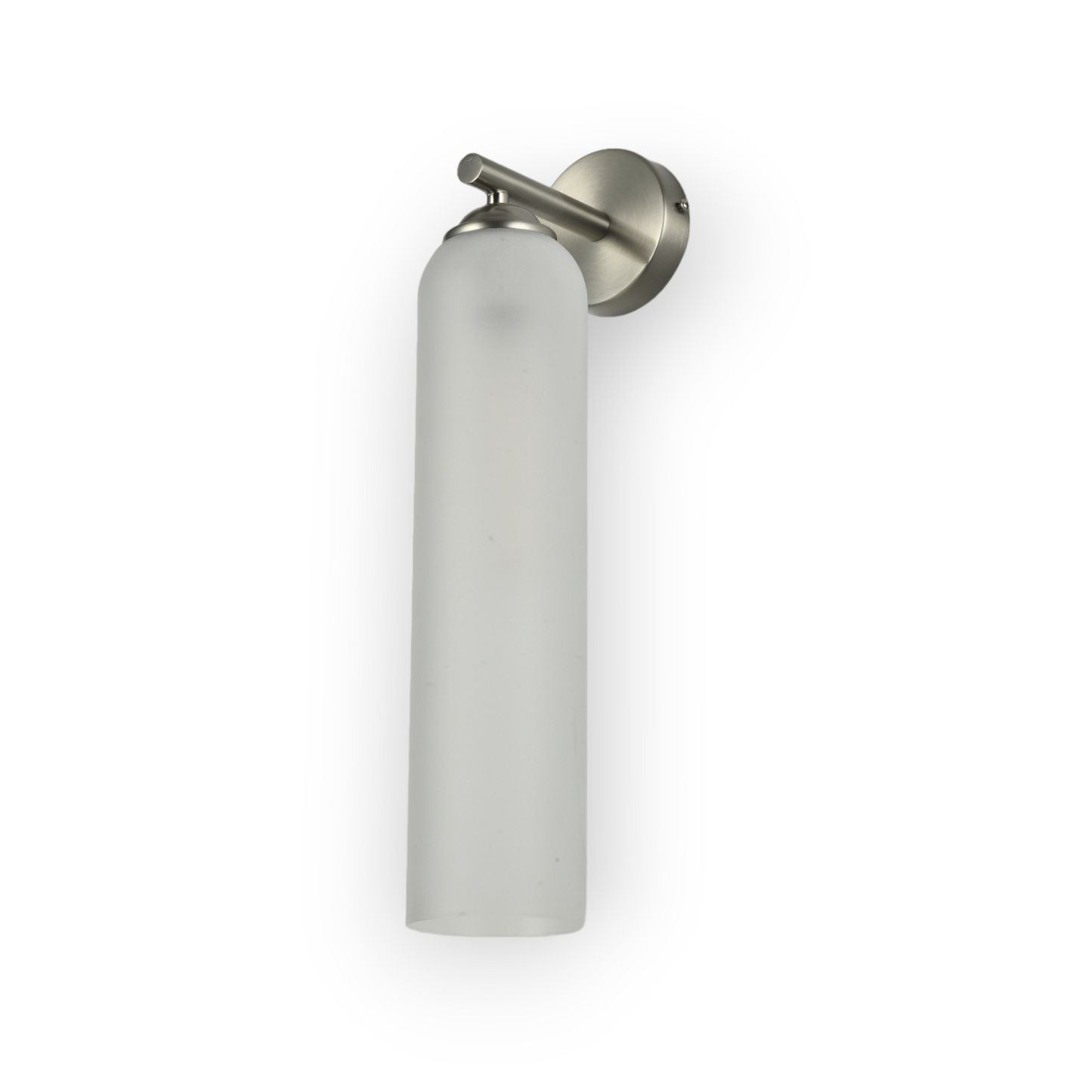 Modern wall-mounted light fixture with an elongated frosted glass shade and a brushed metal base. The cylindrical glass diffuses the light to create a soft, ambient glow suitable for interior spaces.