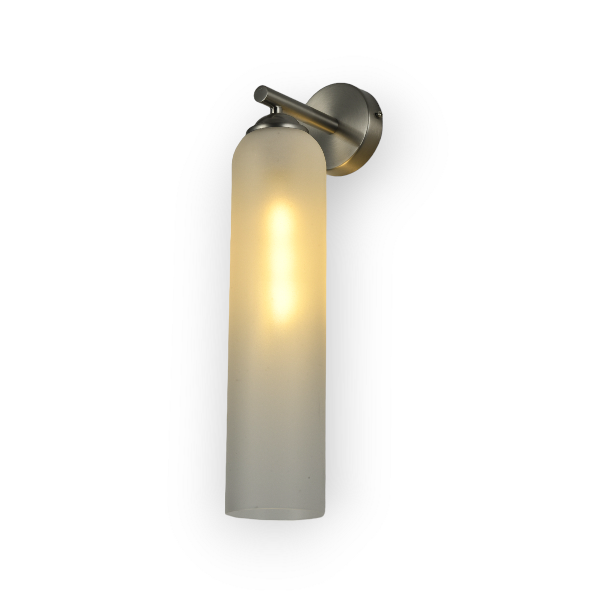 Modern wall-mounted light fixture with an elongated frosted glass shade and a brushed metal base. The cylindrical glass diffuses the light to create a soft, ambient glow suitable for interior spaces.