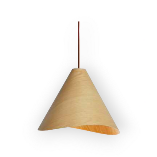 Depicted is a cone-shaped oak pendant light, characterized by its natural light wood finish and distinct wood grain detail. It hangs gracefully from a subtle red cord, emitting a soft, warm light that enhances the ambiance of any contemporary space.