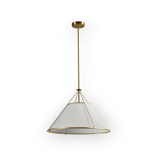 This image features the Arlo 3L Pendant light, a mid-century modern inspired design with a conical fabric shade in a crisp white, accented by elegant brass supports and a slender rod. It's a statement piece that provides both style and illumination to any space.