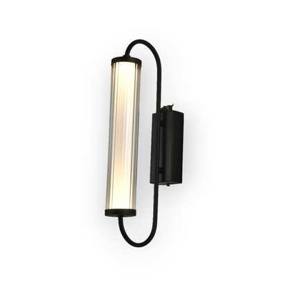 The image presents the Aster Wall Light, featuring a long, cylindrical ribbed glass shade held by a curved matte black metal bracket. The design combines industrial elements with a touch of modern simplicity, perfect for adding character to any room's wall lighting.