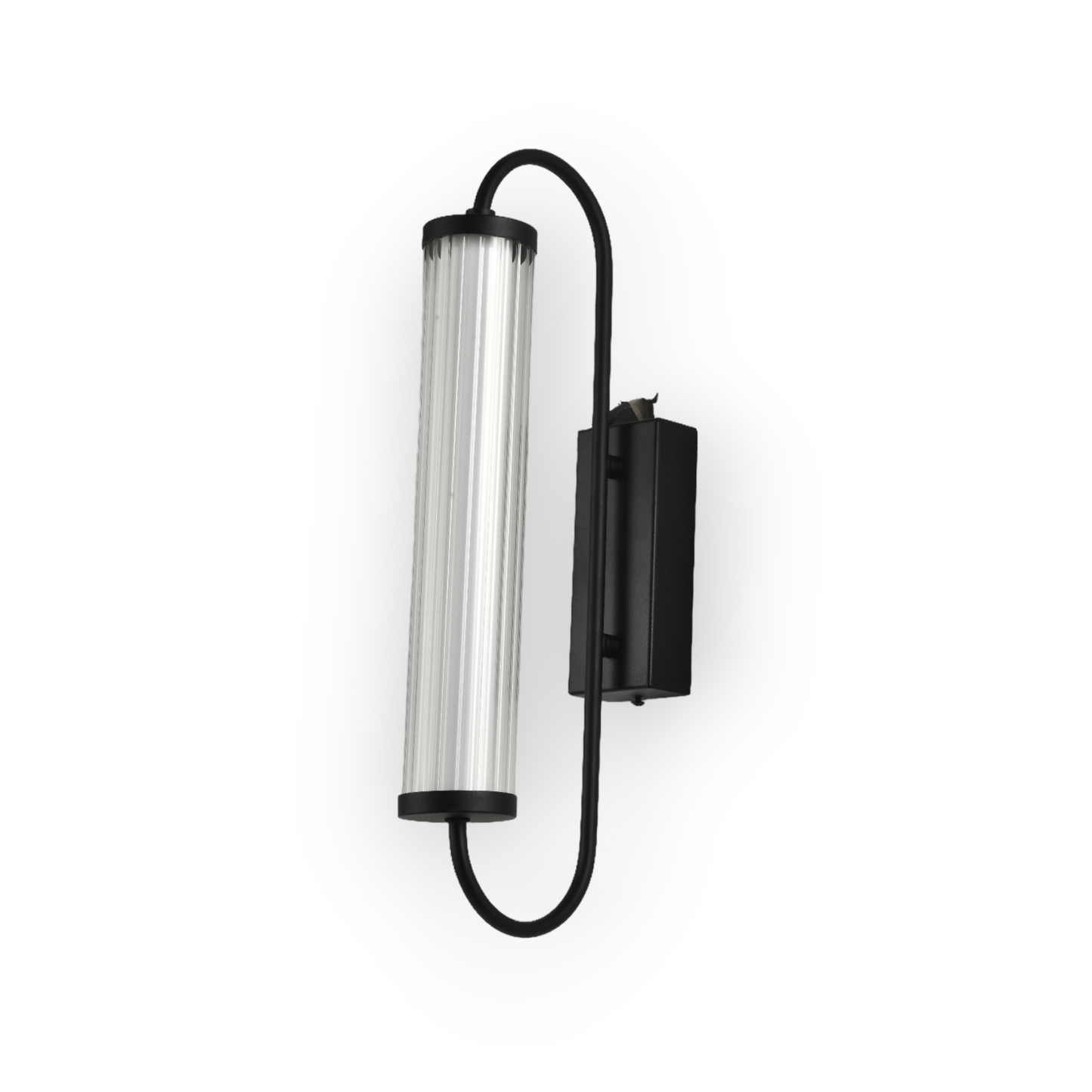 The image presents the Aster Wall Light, featuring a long, cylindrical ribbed glass shade held by a curved matte black metal bracket. The design combines industrial elements with a touch of modern simplicity, perfect for adding character to any room's wall lighting.