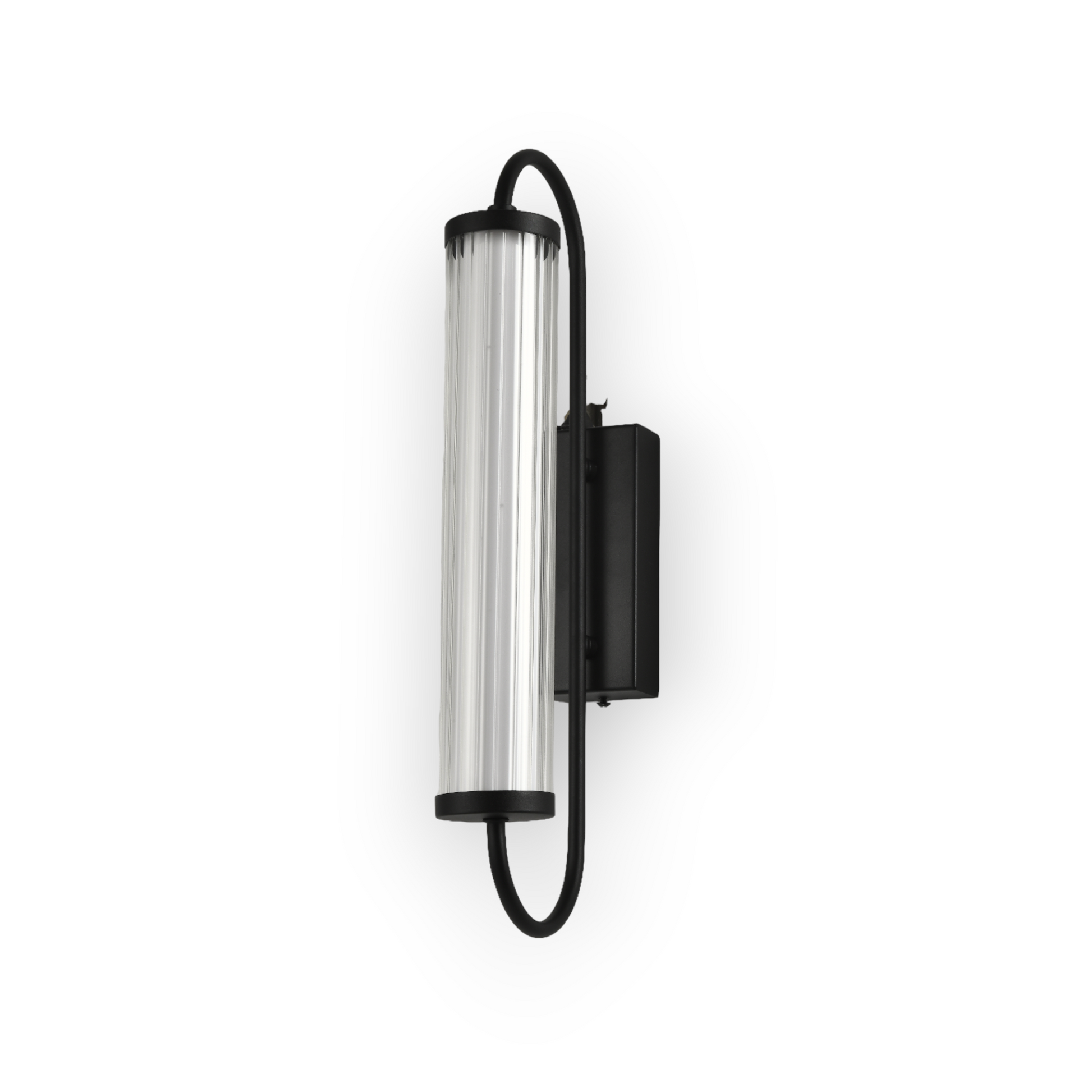 The image presents the Aster Wall Light, featuring a long, cylindrical ribbed glass shade held by a curved matte black metal bracket. The design combines industrial elements with a touch of modern simplicity, perfect for adding character to any room's wall lighting.