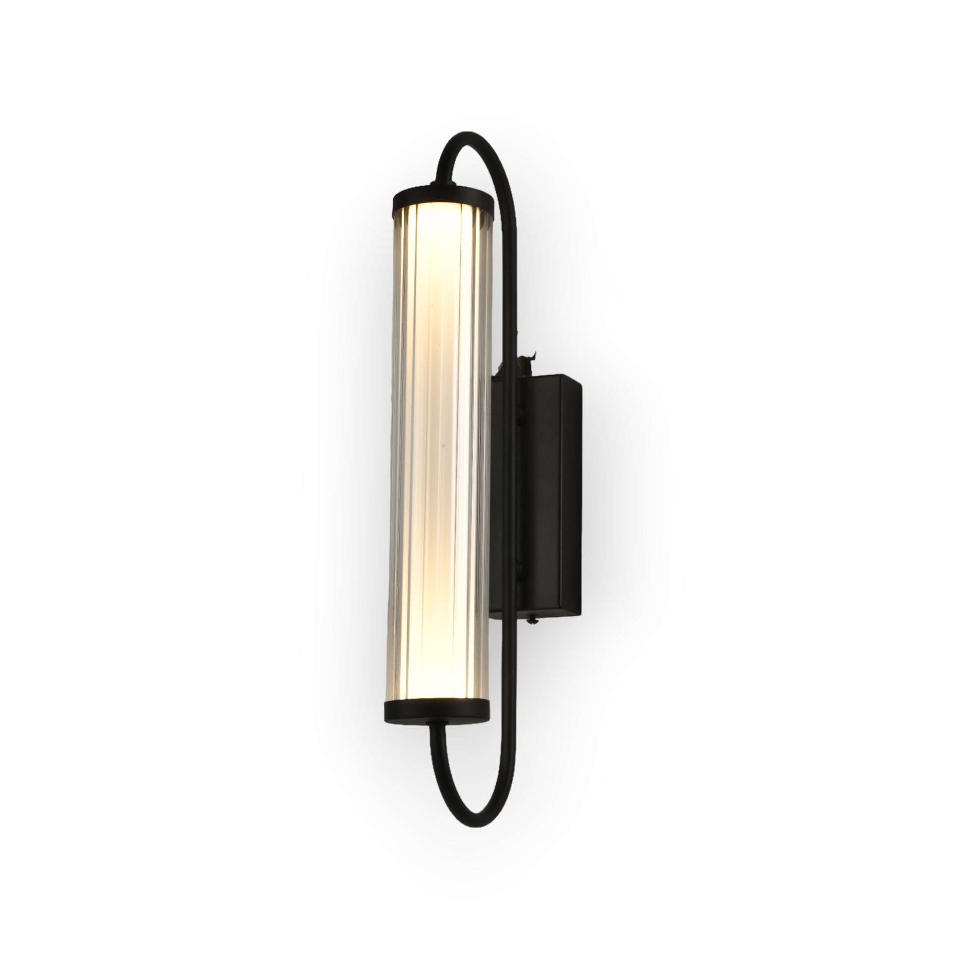 The image presents the Aster Wall Light, featuring a long, cylindrical ribbed glass shade held by a curved matte black metal bracket. The design combines industrial elements with a touch of modern simplicity, perfect for adding character to any room's wall lighting.