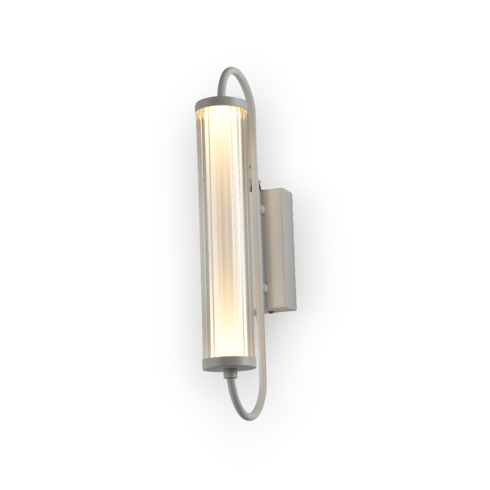 The image presents the Aster Wall Light, featuring a long, cylindrical ribbed glass shade held by a curved matte black metal bracket. The design combines industrial elements with a touch of modern simplicity, perfect for adding character to any room's wall lighting.