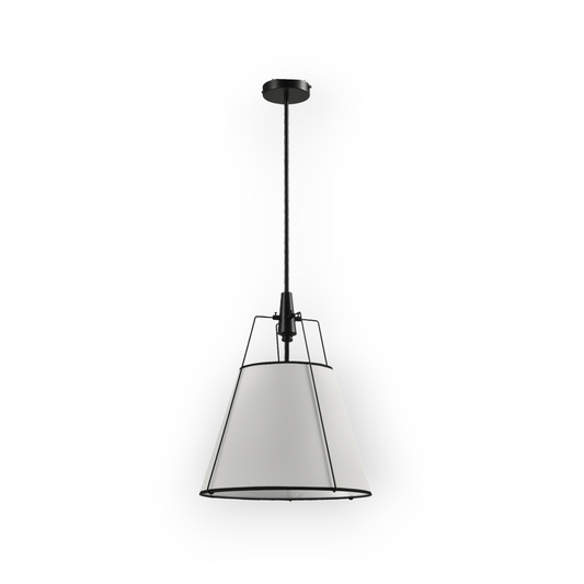 The image features the Axel 3L Pendant Light, exhibiting a classic tapered fabric shade in a soft beige, suspended from a sleek black frame and rod. The fixture's design provides a harmonious blend of traditional and contemporary styles, perfect for a variety of interior décors.