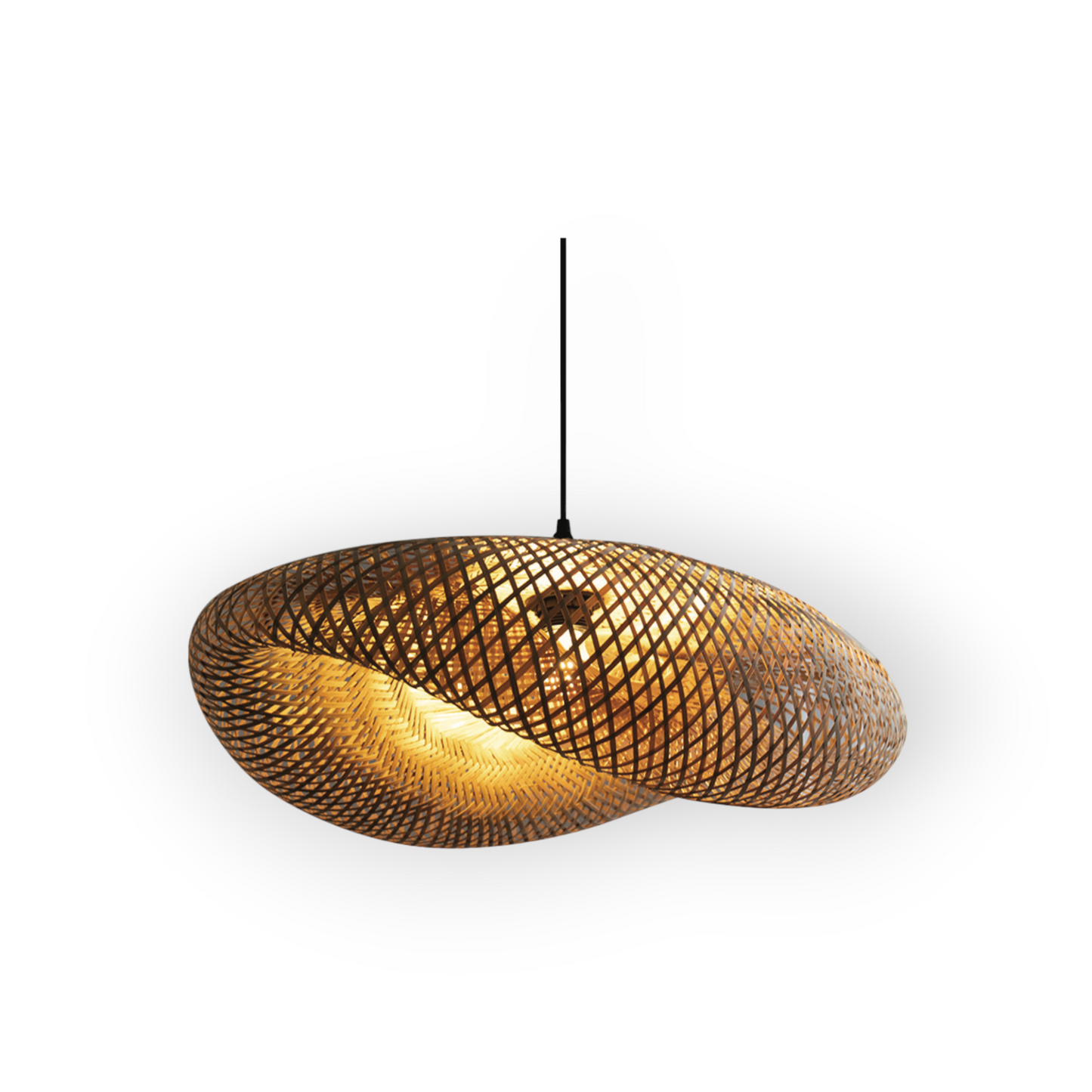 The image depicts the Ember 1L Pendant, an organically shaped pendant light with an intricate woven pattern, casting a dynamic and warm light through its gaps, evoking a sense of natural elegance and warmth.