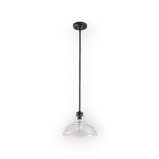 This image features the Espen 1L Pendant, with a classic clear glass dome shade suspended from a sleek black rod, offering a clean and timeless design that beautifully complements both modern and traditional interiors.