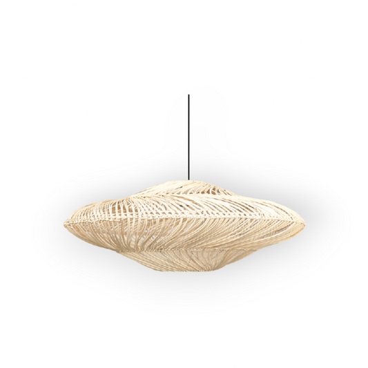 The image presents the Ilena 1L Pendant, an organic, hand-woven light fixture in a natural cream color, featuring an intricate openwork design that casts beautiful patterns of light, adding a bohemian elegance to the space.