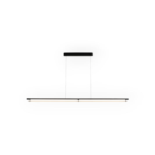 The image displays the Kai Linear Pendant, embodying minimalist elegance with its slender, horizontal line design finished in matte black and suspended by two sleek cables, offering a refined and contemporary lighting solution.